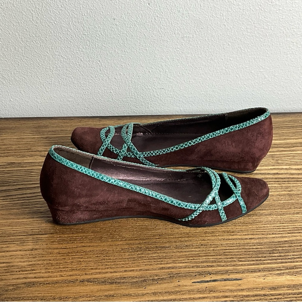 Faryl Robbin Brown Suede and Turquoise Leather Wedges - Picture 6 of 8